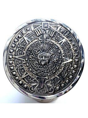 Aztec Calendar Circle Brooch Sterling Silver 925 Size 1.75" Length